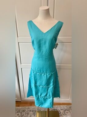 Talbots Sleeveless Turquoise V-Neck Linen Blend Midi Dress Ruffled Tiers NWT 12